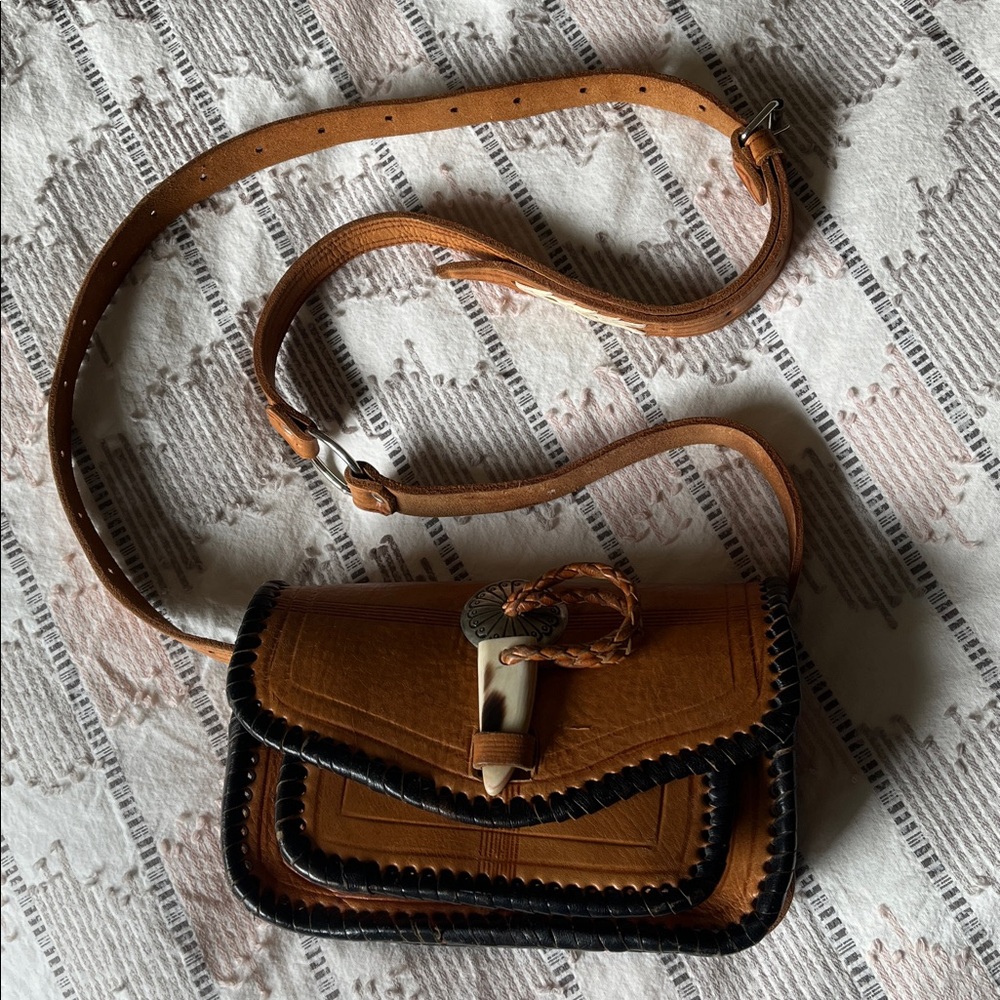 Brown Leather Crossbody Bag with Black Trim